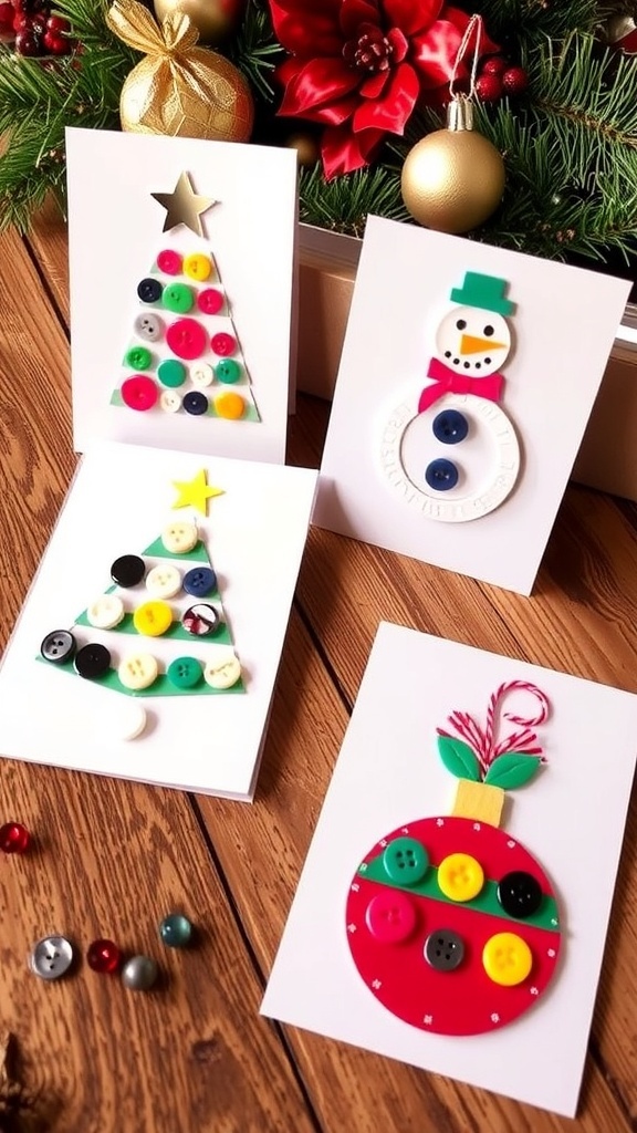 Handmade Christmas cards with button designs including a tree and snowman on a wooden table.